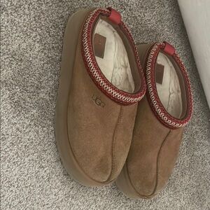 UGG Brown Suede Slippers with Red Trim
